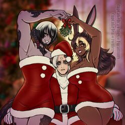 1girls 2boys amber_eyes amoine ascian au_ra beauty_mark beauty_marks black_hair black_highlights black_sclera blonde_highlights blurry_background bunny_ears choker christmas christmas_hat christmas_outfit cupcake992 dark-skinned_female dark_skin emet-selch eyeshadow female final_fantasy final_fantasy_xiv furaffinity_username grey_body holidays horns long_hair male medium_hair melanin mistletoe mole narrowed_eyes santa_costume scales sitting smiling tail twitter_username viera white_hair white_highlights xaela y'wanza