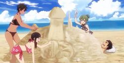 1boy 3girls alternate_scenery beach funny igarashi_futaba kurobe_natsumi_(shiromanta) melon_amai my_senpai_is_annoying natsumi_kurobe sand_penis sand_sculpture sandcastle senpai_ga_uzai_kouhai_no_hanashi swimsuit takeda_harumi_(shiromanta) toko_sakurair