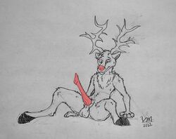 animal_genitalia anthro antlers balls black_and_white capreoline cervid concerned erection genitals graphite_(artwork) hi_res hooves horn looking_down male mammal monochrome on_ground pencil_(artwork) penis red_nose red_penis reindeer rudolph_the_red_nosed_reindeer sitting_up solo traditional_media_(artwork) vike_mike