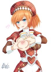 alyssa_(kamihime) artist_request attempted_censoring beret blue_eyes breasts_out embarrassed hands_on_breasts heart heart_hands kamihime_project kamihime_project_r necktie nip_slip nipple nipple_slip orange_hair partially_clothed plaid valentine's_day