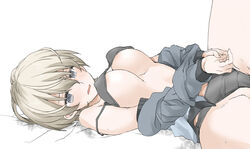 bangs bed_sheet black_bra black_panties blue_eyes blue_jacket blush bra breasts commentary crotch_seam elf_(stroll_in_the_woods) empty_eyes female girls_und_panzer half-closed_eyes implied_sex jacket jacket_pull keizoku_military_uniform long_sleeves looking_to_the_side lying medium_breasts offscreen_sex on_back on_bed open_mouth panties short_hair silver_hair solo spread_legs sweat textless underwear white_background youko_(girls_und_panzer)