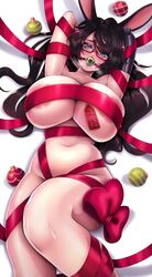 animal_ears areola areola_slip areolae ball_gag big_breasts blue_eyes breasts bunny_ears character_request christmas christmas_ornaments dark_hair gag large_breasts long_hair looking_at_viewer lying navel niucniuc ribbon ribboned_body solo solo_female wrapped