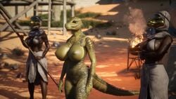 3d 3girls big_breasts bra brown_skin carnal_instinct clothed clothed_female clothing crocodile crocodilian detailed_background fire green_skin lizard lizard_girl lizard_humanoid lizard_tail mask masked masked_female naked nipples nude nude_female sand tail video_games