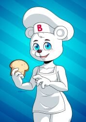 1girls 2d 2d_(artwork) 2d_artwork 4_fingers apron artidemonboy artist_name background bear bear_ears bimbo_(bakery) bimbo_bear blue_eyes blush blush_lines blushed bread chef_hat digital_media_(artwork) eyelashes flush flushed fur furry furry_female furry_only grupo_bimbo hi_res high_resolution highres hips mascots open_mouth simple_background smile smiling smiling_at_viewer teeth tongue white_body white_fur white_hair wholesome