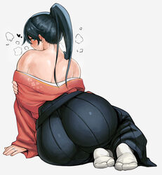 ass ass_in_dress bare_shoulders big_ass black_hair blush female hakama highres houshou_(kantai_collection) huge_ass japanese_clothes kantai_collection long_hair looking_back mature_female milf off_shoulder photoshop_(medium) ponytail smile solo synecdoche tabi undressing wide_hips