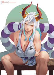 1girls big_breasts blue_hair breasts brown_eyes clothed clothing curvy ear_piercing earrings female female_focus female_only gradient_hair hi_res highres hoop_earrings horned_humanoid horns humanoid kasai_x3 large_breasts lejeanx3 light-skinned_female light_skin long_hair multicolored_hair one_piece oni oni_horns revealing_clothes simple_background solo thick_thighs two_tone_hair white_hair wide_hips yamato_(one_piece) youkai