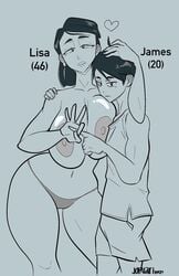 1boy 1girls age_difference areolae breasts clothed_male curvy_female earrings female half-closed_eyes hand_on_another's_head hourglass_figure hug incest james_(jopuari) jopuari large_breasts lisa_(jopuari) looking_at_viewer male milf mother_and_son navel nipples older_female original original_character panties panties_only penetration_gesture plain_background sex_gesture shorter_male shorts straight taller_girl text thick_thighs topless vest wide_hips younger_male