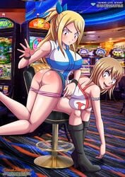 2girls big_breasts blonde_hair blush crossover elie fairy_tail female female_only game_background legs_up long_hair looking_back lucy_heartfilia multiple_girls palcomix panties panties_down pietros_secret_club pink_panties pussy rave_master smiling spank_marks spanked spanking yuri