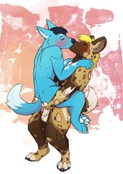 absurd_res african_wild_dog amarul animal_genitalia animal_penis anthro ass blush canid canine canine_penis canis carrying_partner duo genitals hi_res kissing male male/male mammal marscanis penis penis_tip romantic romantic_couple sheath starfly wolf