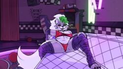 1girls animatronic arcade breasts canine checkered claws couch crop_top curtains ear_piercing earrings eye_contact eyelashes eyeliner eyeshadow fangs female five_nights_at_freddy's five_nights_at_freddy's:_security_breach fluffy fur furry green_hair hand_on_thigh indecentwanton leg_warmers leggings legwear neon_lights panties paws piercing piercings pov presenting red_panties roxanne_wolf_(fnaf) snout solo spread_legs stripes tail teeth teeth_showing thick_thighs thighhighs thighs tongue video_games white_hair wolf yellow_eyes