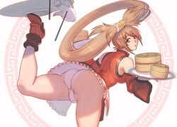 ass balancing boots brown_eyes brown_hair cook guilty_gear kondo_rui kuradoberi_jam looking_at_viewer looking_back one_leg_up panties skirt standing tagme thighs trefoil upskirt waitress white_panties