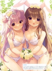 2girls :d absurdres animal_ears backlighting bangs bare_shoulders bouquet bra braid breasts brown_eyes brown_hair bunny_ears cleavage closed_mouth collarbone commentary_request dengeki_moeou double_bun eyebrows_visible_through_hair flower frilled_bra frills hair_between_eyes hair_flower hair_ornament highres holding holding_bouquet medium_breasts multiple_girls open_mouth original panties pink_hair rabbit_ears red_eyes rose scan see-through side-tie_panties small_breasts smile underwear veil white_bra white_flower white_panties white_rose window yukie_(peach_candy)