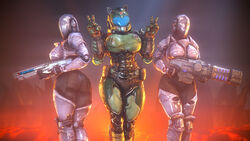 big_breasts big_butt cat_ears doom doom_slayer_(doom) dreadnaught female firearm night_sentinel_(doom) peace_sign plasma_rifle praetor_armor praetor_suit rule_63 thick_thighs