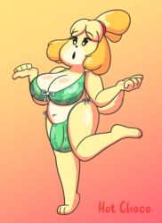 animal_crossing anthro big_breasts big_penis bikini_bulge bulge chubby chubby_female fur furry furry_only futa_only futanari green_bikini hot_choco isabelle_(animal_crossing) nintendo swimsuit tummy yellow_body yellow_fur yellow_hair