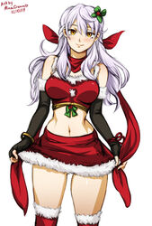 1girls alternate_costume artist_name ass_visible_through_thighs bare_midriff black_gloves bracelet christmas christmas_outfit closed_mouth clothed clothes_lift commentary dated elbow_gloves english_commentary eye_contact female female_only fingerless_gloves fire_emblem fire_emblem:_radiant_dawn fur_trim gloves hair_ribbon jewelry lifted_by_self long_hair looking_at_viewer micaiah_(fire_emblem) midriff minacream miniskirt narrow_waist navel nintendo red_scarf ribbon scarf silver_hair simple_background skirt skirt_lift smile solo solo_female white_background yellow_eyes
