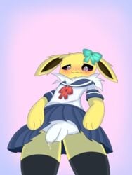 3:4 anthro blush bodily_fluids clothed clothing crossdressing eeveelution femboy feral fur genital_fluids genitals hanabi162271945 hi_res high-angle_view jolteon legwear looking_at_viewer male male_only nintendo penis pokémon_(species) pokemon precum presenting presenting_penis ribbons school_uniform simple_background smile solo thigh_highs topwear underwear uniform video_games yellow_body yellow_fur