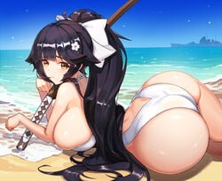 :t ass azur_lane beach big_ass big_breasts bikini black_hair blush breasts day female flower hair_flower hair_ornament hair_ribbon highres huge_ass huge_breasts large_breasts long_hair looking_at_viewer lying ocean on_side one-piece_swimsuit ponytail pout powergene powzin ribbon sideboob sky swimsuit sword takao_(azur_lane) takao_(beach_rhapsody)_(azur_lane) tied_hair water weapon wide_hips yellow_eyes