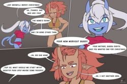 2girls blue_skin broken_horn chibi christmas comic dialogue horns nicoffee reina_bellith