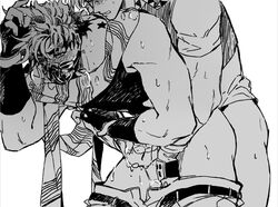 2boys anal battle_tendency birthmark blush breath caesar_zeppeli clothes_pull fingerless_gloves from_behind from_behind_position functionally_nude gay gloves handjob implied_sex joestar_birthmark jojo's_bizarre_adventure joseph_joestar joseph_joestar_(young) male_only mask nigelungdayo pants pants_around_thighs pants_down pants_pull reach-around reach_around rebreather scarf sex sex_from_behind shirt striped striped_scarf t-shirt yaoi