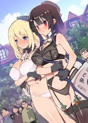 2girls atago_(kantai_collection) bag bangs beret black_bra black_gloves black_hair black_legwear black_panties blonde_hair blue_eyes blush bra breasts caburi cleavage day eyebrows_visible_through_hair garter_belt garter_straps gloves hat highres kantai_collection large_breasts long_hair multiple_girls navel open_mouth outdoors panties red_eyes short_hair sidelocks takao_(kantai_collection) thighhighs underwear white_bra white_panties