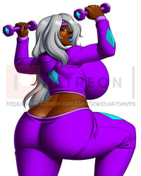 1girls arms_up ass_cleavage blue_lipstick butt_crack clothed_female coaching_outfit colored curvaceous curves curvy_female curvy_figure dark-skinned_female dark_skin excercise female_only headband huge_ass huge_breasts huge_butt long_hair looking_at_viewer looking_back one_leg_raised original_character patreon prism purple_pants purple_sweater rear_view red_eyes solo_female thedarkness thick_lips thick_thighs uncensored voluptuous watermark web_address weights white_background white_hair