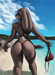 aozee beach big_ass big_butt bikini_top_removed bunny_ears bunny_girl bunny_tail disney grey_fur hourglass_figure judy_hopps light_grey_fur looking_at_viewer looking_back looking_back_at_viewer public_topless questionable rabbit rabbit_ears rabbit_humanoid rabbit_tail red_bikini red_bikini_bottom red_bikini_top rocks sand seaside swimsuit three-quarter_portrait topless violet_eyes water wide_hips zootopia zootropolis