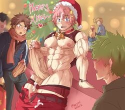 5boys abs admiring balls bara big_penis black_hair blonde_hair blue_eyes blush brown_hair christmas christmas_hat christmas_tree clothes cum ejaculation erection female gay green_hair highres jacket male_focus male_pubic_hair masturbation multiple_boys muscle muscles muscular muscular_male najimi-sensei nipples open_mouth pants pecs penis pink_hair pubic_hair scarf short_hair showing_off smile tank_top teeth testicles text thick_legs thick_thighs uncensored underwear veiny_penis watching yaoi