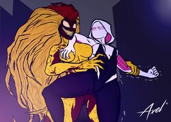 2girls bodysuit breast_grab breasts donna_diego dubious_consent duo duo_female female female/female female_only groping gwen_stacy holding_waist huge_breasts itsaxel lifting_leg marvel scream_(spider-man) simple_background skin_tight spider-gwen spider-man_(series) struggling symbiote thick_thighs yuri