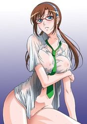 1girls blush breasts brown_hair clothing female glasses human large_breasts light-skinned_female light_skin long_hair mari_illustrious_makinami neon_genesis_evangelion pussy rebuild_of_evangelion rudoni see-through see-through_clothing solo solo_female wet wet_clothes