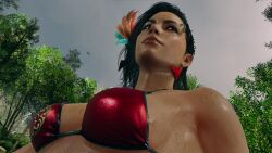 1girls 3d 3d_(artwork) azucena_milagros_ortiz_castillo bikini black_hair dark-skinned_female dark_skin earrings feathers_in_hair female female_only forest hair_ornament latina low-angle_view medium_breasts official_art peruvian_female pixie_cut red_bikini screencap tekken tekken_8 tomboy