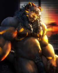 2021 anthro biceps black_body black_fur black_hair black_mane braided_hair braided_mane bullstorm detailed digital_media_(artwork) digital_painting_(artwork) dragon felid flaccid fur genitals hair heterochromia horn hybrid inside lion looking_at_viewer male male_only mammal mane musclegut muscular muscular_anthro muscular_male muscular_thighs navel nipples nude pantherine pecs penis pinup pose pubes pupils quads sitting slit_pupils smile solo sunset thick_penis thick_thighs vein veiny_penis window yellow_body yellow_fur