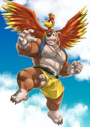 anthro backpack bag balls banjo-kazooie banjo_(banjo-kazooie) bara bear belt dick_slip freeballing furry gay male male_focus male_only muscles muscular peeking_out penis penis_peek penis_through_leghole shorts unknown_artist ursid