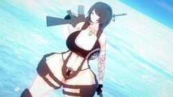 16:9 1girls 3d alternate_breast_size bikini danganronpa dog_tags female_focus female_only fenrirsjaw freckles gloves gun knife koikatsu mukuro_ikusaba outside pubic_hair short_hair straight_hair tattoo thick_thighs water