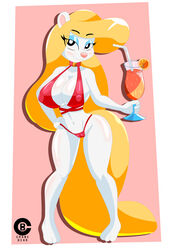 absurd_res animaniacs anthro beverage big_breasts bikini blonde_hair breasts cleavage clothed clothing darktemplar2 female hair hi_res mammal minerva_mink solo swimwear warner_brothers wide_hips