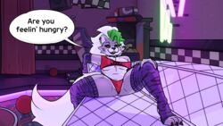 1girls animatronic arcade breasts canine checkered claws couch crop_top curtains ear_piercing earrings eye_contact eyelashes eyeliner eyeshadow fangs female five_nights_at_freddy's five_nights_at_freddy's:_security_breach fluffy fur furry green_hair hand_on_thigh indecentwanton leg_warmers leggings legwear neon_lights panties paws piercing piercings pov presenting red_panties roxanne_wolf_(fnaf) snout solo speech_bubble spread_legs stripes tail talking_to_viewer teeth teeth_showing text text_bubble thick_thighs thighhighs thighs tongue video_games white_hair wolf yellow_eyes