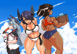 3girls ass back bikini black_hair blue_hair blue_sky bodysuit bottle breasts brown_eyes cleavage cloud crate dark-skinned_female dark_skin dress eating eyepatch food gloves grin hair_between_eyes headgear kantai_collection minami_aomori multiple_girls murakumo_(kantai_collection) muscular muscular_female nagara_(kantai_collection) navel necktie pantyhose photoshop_(medium) pointy_ears remodel_(kantai_collection) sausage shaved_ice short_hair sidelocks sky smile sweat sweatdrop swimsuit tenryuu_(kantai_collection) white_bikini yellow_eyes