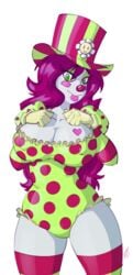 background big_breasts breasts cleavage clown clown_girl clown_makeup clown_nose female female_only gloves heart_tattoo lapinbeau large_breasts miss_honker stockings tagme tongue_out top_hat