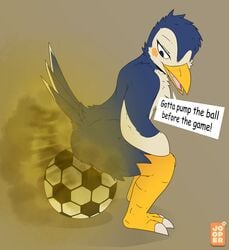 2021 ace_(animal_crossing) animal_crossing anthro avian ball bird bird_feet dialogue english_text fart fart_fetish feathers hi_res jooper looking_back looking_down male nintendo seviperj simple_background sitting soccer_ball solo text video_games