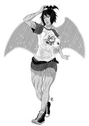 batarang batgirl batman_(series) big_breasts black_and_white black_bat black_hair breasts cassandra_cain dc dc_comics hentaihead messy_hair nipple_bulge nipples rain shoes short_hair shorts toned toned_arms toned_female visible_nipples wet wet_clothes wet_shorts