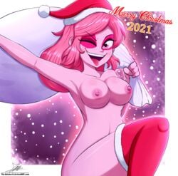 breasts christmas christmas_outfit english_text female female_only medium_hair miss_heed_(villainous) nipples nude_female pink_body pink_hair smile solo text the-butch-x the_butcher_(artist) villainous