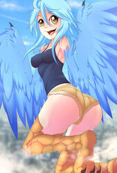 1girls ass blue_hair clothing female female_only harpy humanoid medium_breasts monster_girl monster_musume_no_iru_nichijou papi_(monster_musume) rainbowscreen short_hair solo solo_female