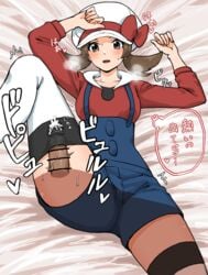 bed_sheet blue_overalls bow breath brown_eyes brown_hair cabbie_hat clothesjob commentary_request cum disembodied_penis female hat hat_bow heart highres long_hair lying lyra_(pokemon) on_back overalls penis penis_in_thighhigh pokemon pokemon_(game) pokemon_hgss raimaru red_bow red_shirt shirt thighhighs thought_bubble translation_request twintails veins veiny_penis white_headwear white_legwear