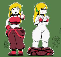 anthro belt big_breasts blonde_hair breasts cave_story clothed clothing covering covering_breasts curly_brace duo female footwear genitals gesture green_background hair handwear hi_res humanoid lagomorph licking licking_lips looking_at_viewer machine male mammal mimiga nude oofrowdy pussy quote_(cave_story) robot robot_humanoid simple_background thumbs_up tongue tongue_out underwear underwear_on_head video_games