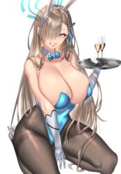 1girls absurd_res anima_(togashi) animal_ears asuna_(blue_archive) asuna_(bunny)_(blue_archive) between_legs black_legwear blue_archive blue_eyes blue_leotard bow bowtie bowtie_collar breasts bunny_ears bunnysuit champagne_flute cleavage collar cup drinking_glass fake_animal_ears female female_focus female_only gloves grey_hair grin hair_over_one_eye halo hand_between_legs hi_res highleg highres kneeling large_breasts leotard long_bangs looking_at_viewer millennium_science_school_student one_eye_covered pantyhose playboy_bunny smile solo solo_female thick_thighs thighs tray white_background white_gloves wine_glass