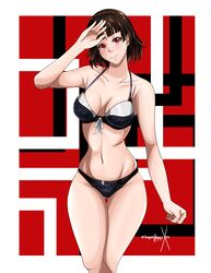 alternate_costume atlus breasts brown_hair female makoto_niijima persona persona_5 red_eyes solo sonicheroxd swimsuit tagme