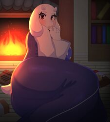 ass_in_dress bbw blush bookshelf braffy butt_focus cute dress eating_food eyelashes fireplace goat goat_ears goat_girl goat_horns huge_butt lighting looking_at_viewer purple_dress red_eyes sfw shading side_view smiling smiling_at_viewer tail toriel undertale white_fur