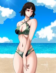 alternate_costume atlus breasts brown_hair female makoto_niijima persona persona_5 red_eyes solo sonicheroxd swimsuit tagme