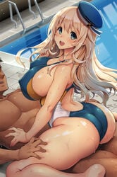 1boy 1girls :d ass atago_(kantai_collection) blonde_hair blue_swimsuit breasts clothed_female_nude_male competition_swimsuit covered_nipples cowgirl_position faceless faceless_male female full_body green_eyes highleg highleg_swimsuit highres huge_ass implied_sex kantai_collection kekocha large_breasts long_hair nude one-piece_swimsuit open_mouth pool pool_ladder poolside sitting sitting_on_person smile straddling straight swimsuit tareme water wet wet_clothes wet_swimsuit