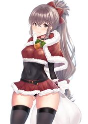 1girls alternate_costume ass_visible_through_thighs bag bare_thighs black_panties breasts brown_eyes christmas christmas_outfit collar female_only fire_emblem fire_emblem_fates grey_hair long_hair looking_at_viewer medium_breasts nintendo panties pantyshot pantyshot_(standing) ponytail rule_63 smile solo takumi_(fire_emblem) thick_thighs thighhighs thighs upskirt very_long_hair white_background yui_(msy1302mana)