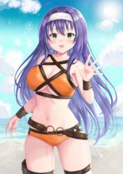 1girls ahoge alternate_costume bare_thighs beach bikini breasts cleavage female_only fire_emblem fire_emblem:_path_of_radiance fire_emblem:_radiant_dawn fire_emblem_heroes green_eyes headband large_breasts long_hair mia_(fire_emblem) mia_(summer)_(fire_emblem) nintendo ocean official_alternate_costume orange_bikini orange_swimsuit purple_hair smile solo swimsuit thighs underboob waving_hand yui_(msy1302mana)